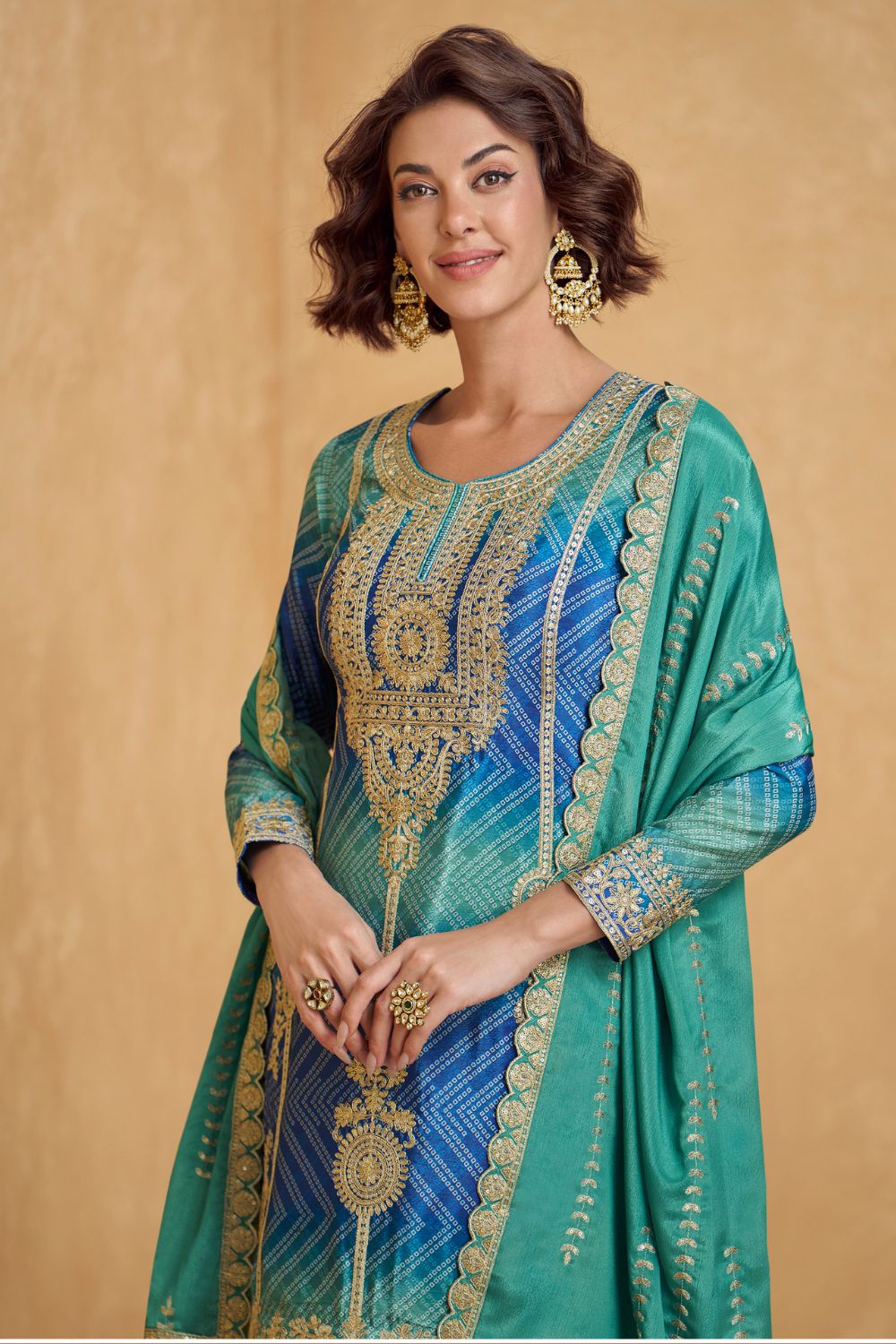 TEAL GREEN AND BLUE CHINON PALAZZO SET WITH SEQUINS AND EMBROIDERY