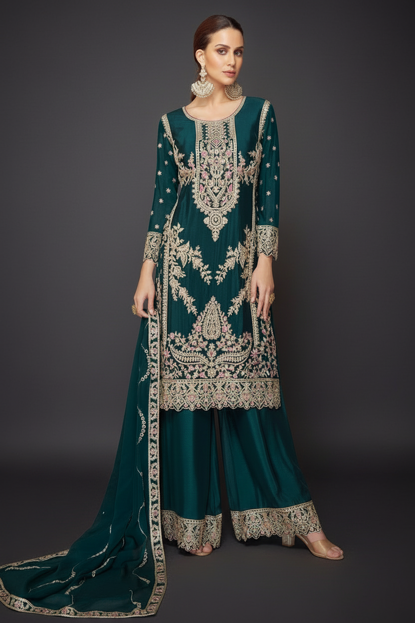 TEAL GREEN CHINON PALAZZO SUIT WITH RESHAM EMBROIDERY AND SEQUINS