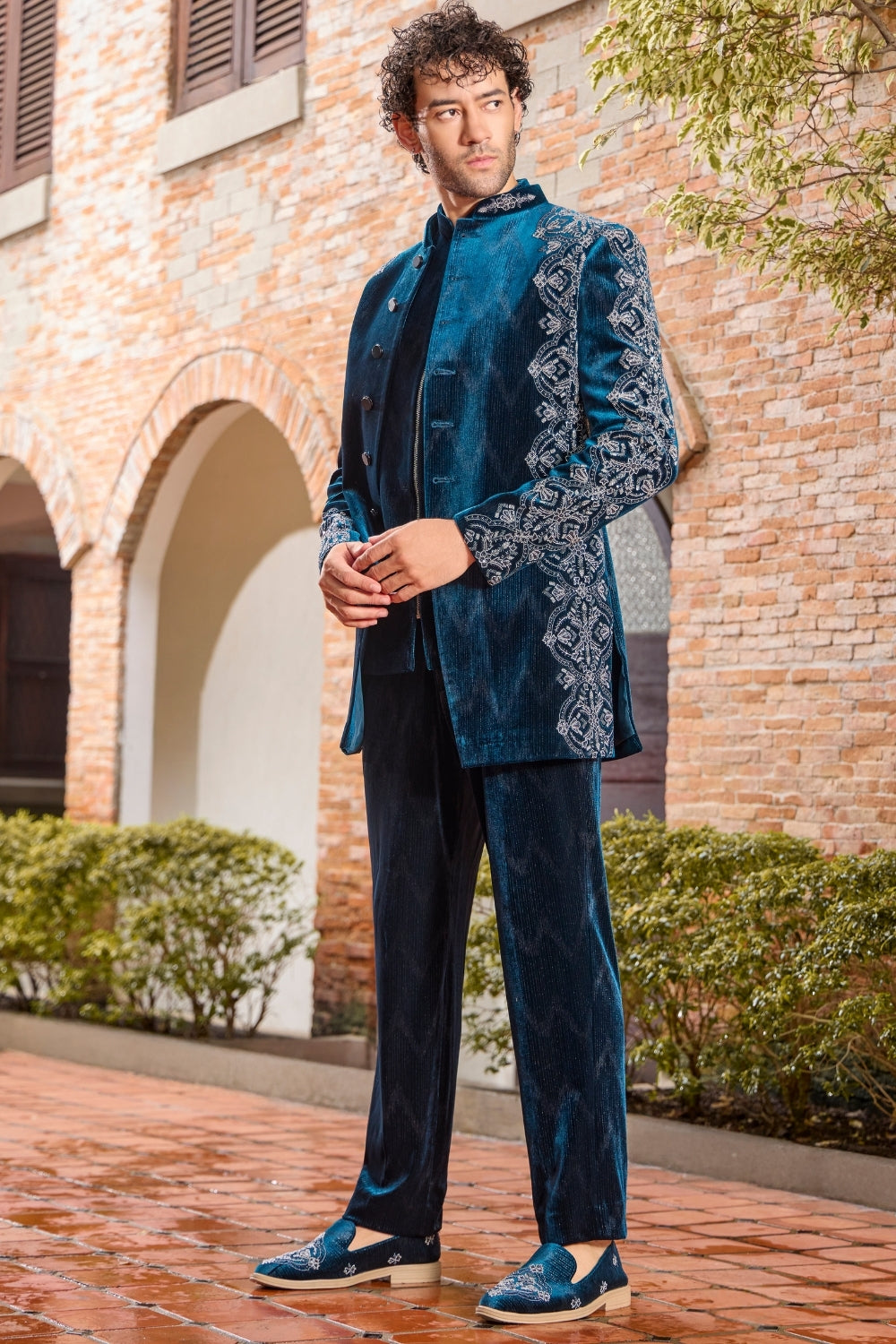 TEAL GREEN VELVET INDO WESTERN WITH CUTDANA AND MOTI