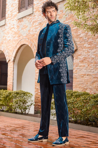 Teal Green Velvet Indo Western With Cutdana And Moti