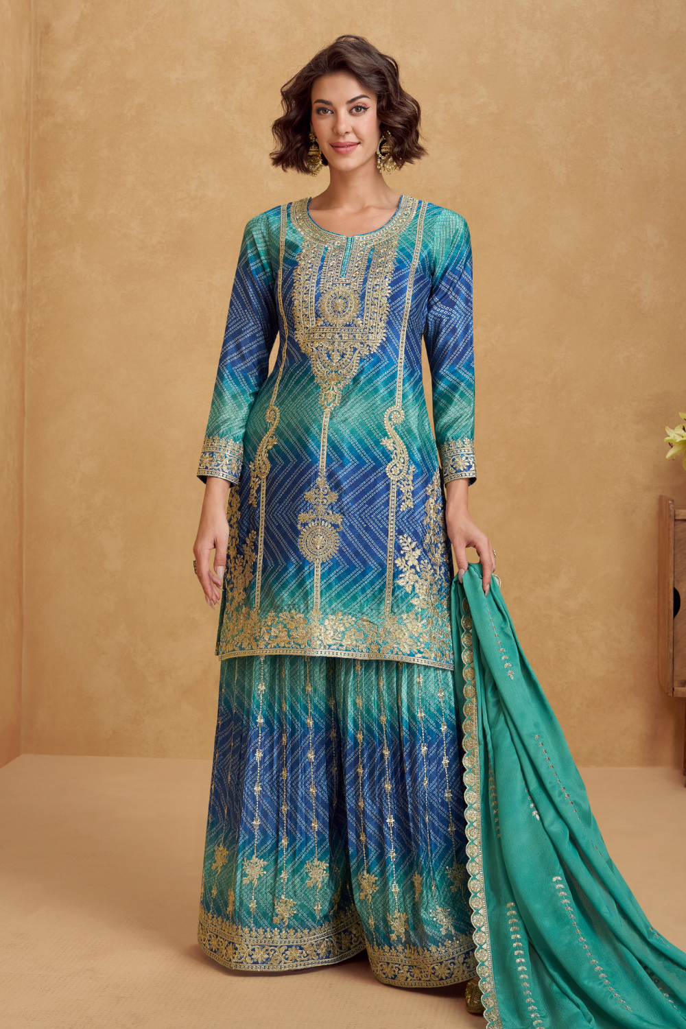 TEAL GREEN AND BLUE CHINON PALAZZO SET WITH SEQUINS AND EMBROIDERY