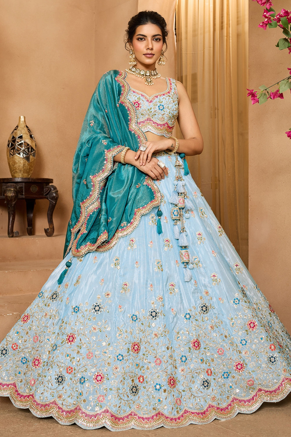 TISSUE LEHENGA CHOLI WITH MOTI AND RESHAM EMBROIDERY