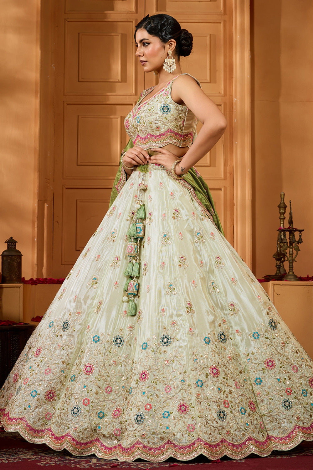 TISSUE LEHENGA CHOLI WITH MOTI AND RESHAM EMBROIDERY