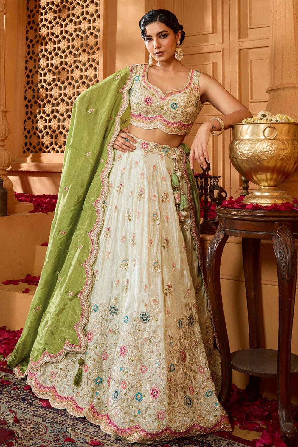 TISSUE LEHENGA CHOLI WITH MOTI AND RESHAM EMBROIDERY
