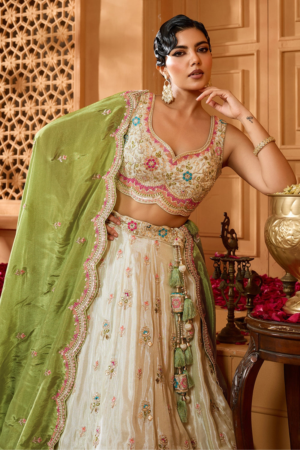 TISSUE LEHENGA CHOLI WITH MOTI AND RESHAM EMBROIDERY