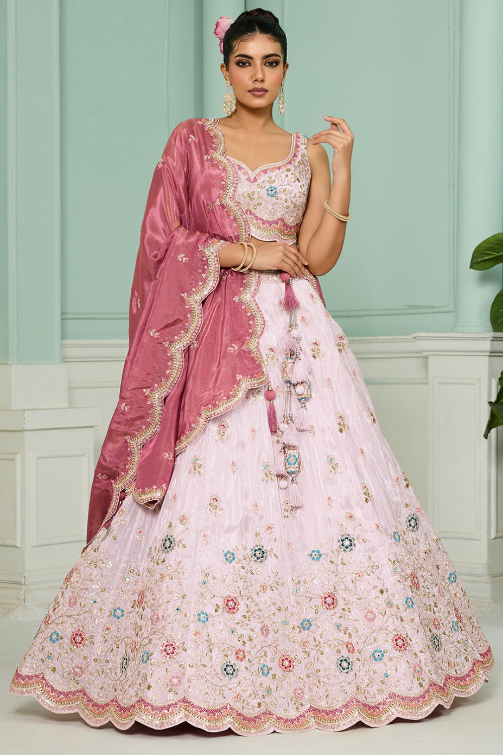 TISSUE LEHENGA CHOLI WITH MOTI AND RESHAM EMBROIDERY