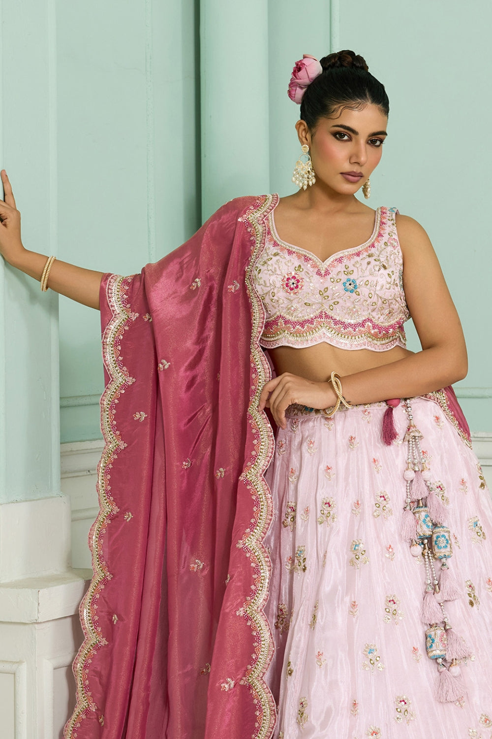 TISSUE LEHENGA CHOLI WITH MOTI AND RESHAM EMBROIDERY
