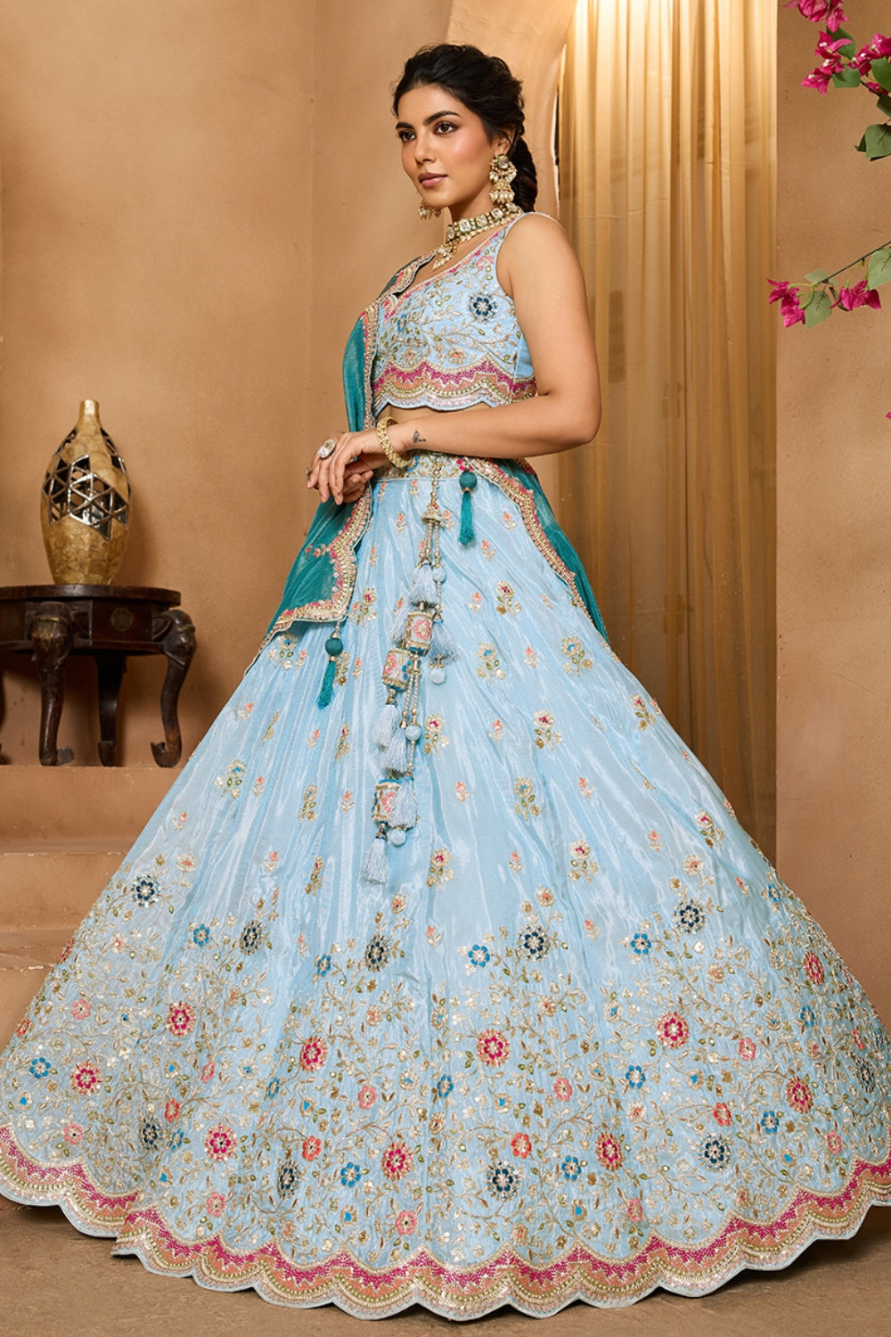 TISSUE LEHENGA CHOLI WITH MOTI AND RESHAM EMBROIDERY