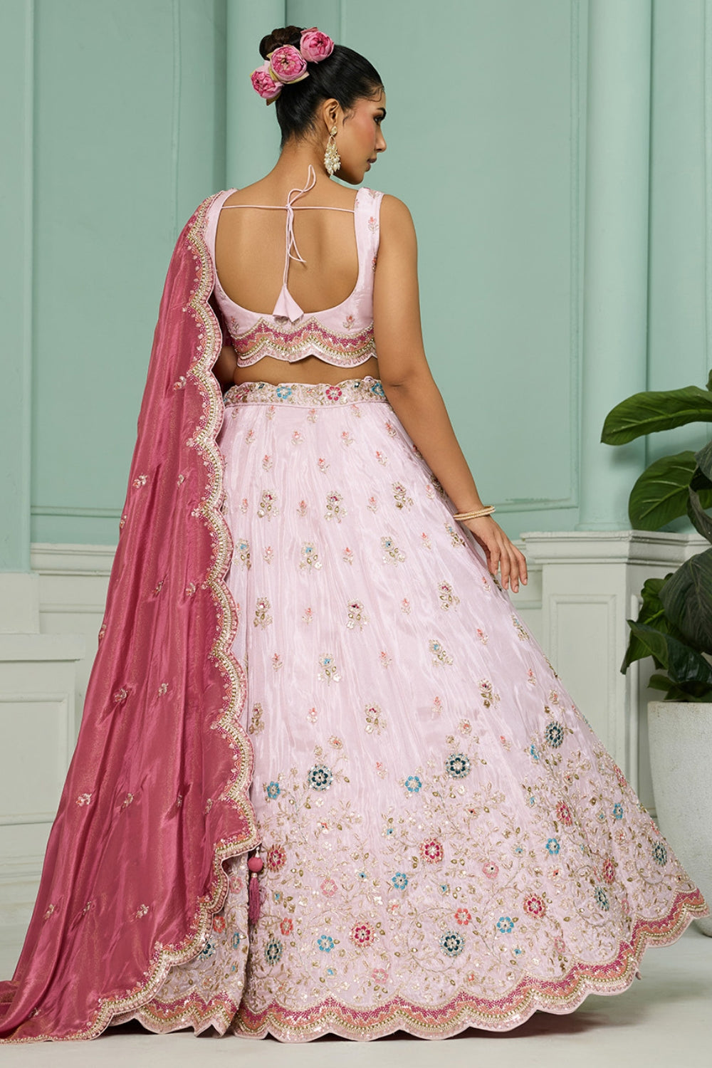 TISSUE LEHENGA CHOLI WITH MOTI AND RESHAM EMBROIDERY
