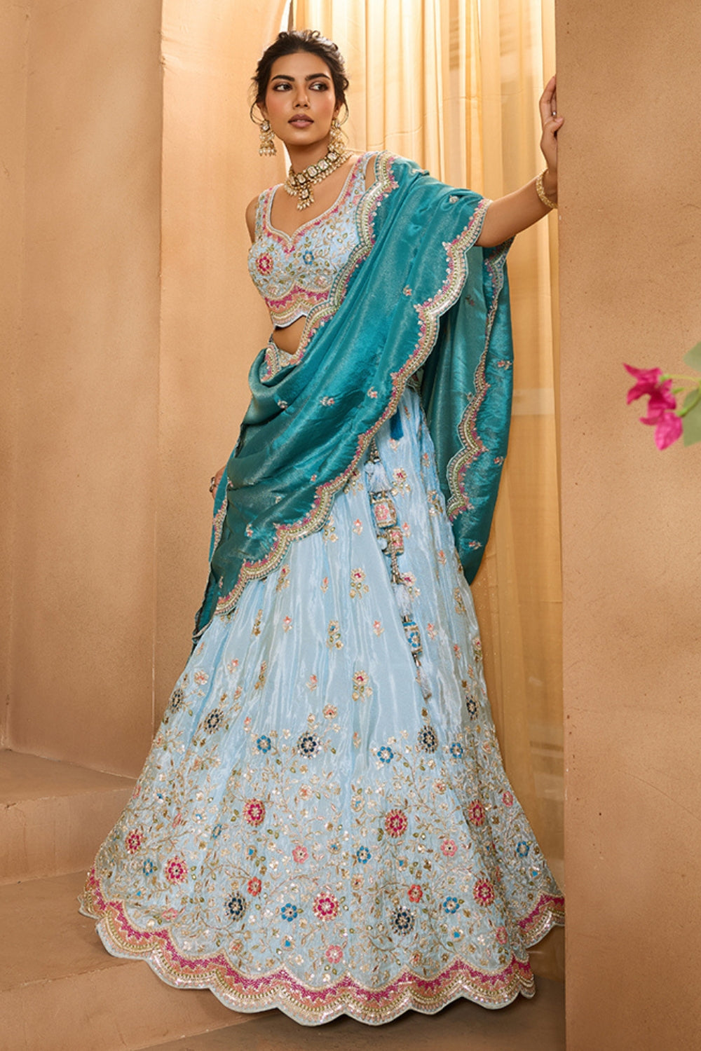 TISSUE LEHENGA CHOLI WITH MOTI AND RESHAM EMBROIDERY