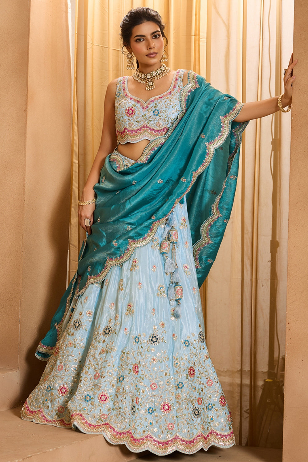 TISSUE LEHENGA CHOLI WITH MOTI AND RESHAM EMBROIDERY