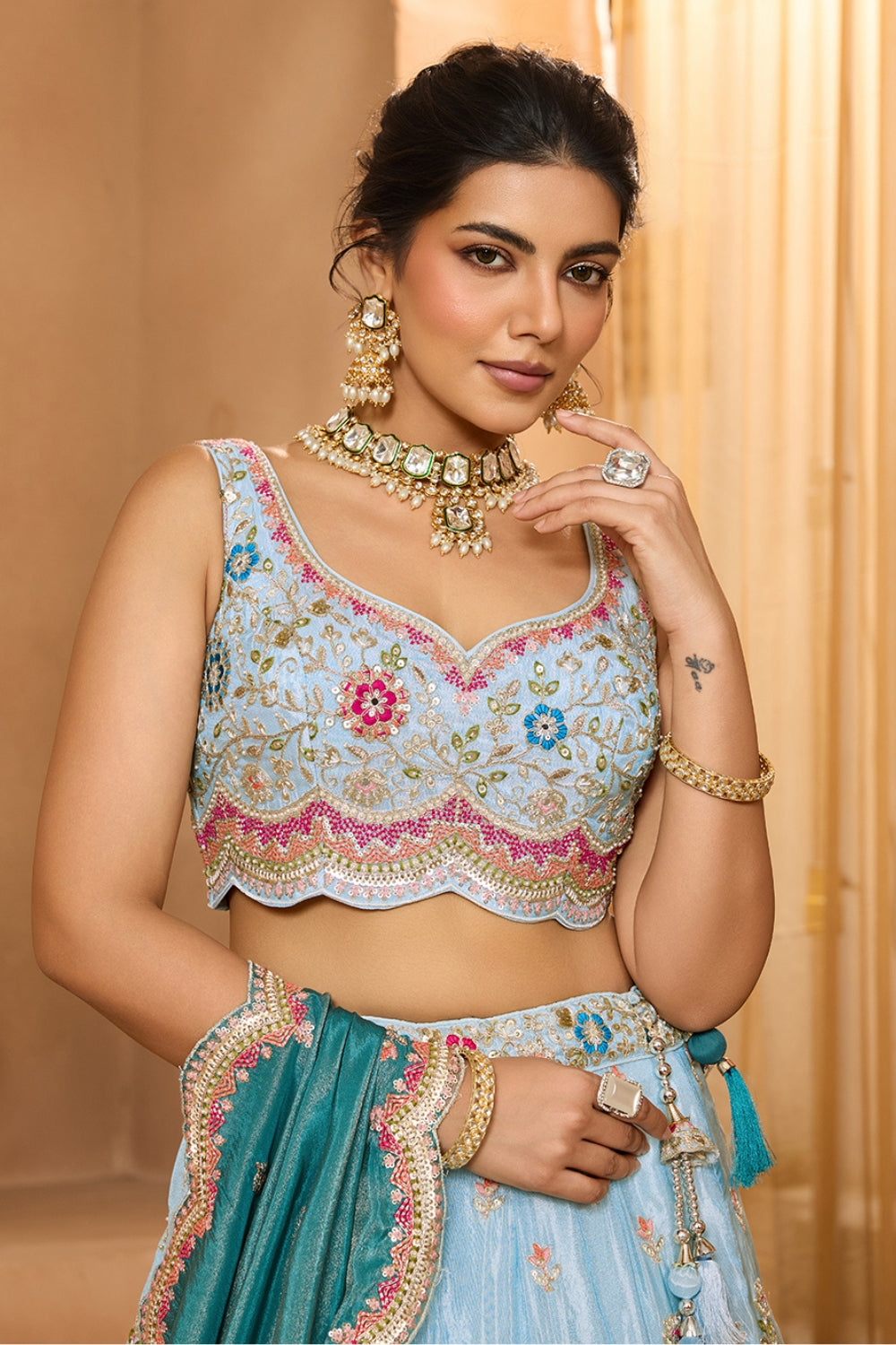 TISSUE LEHENGA CHOLI WITH MOTI AND RESHAM EMBROIDERY