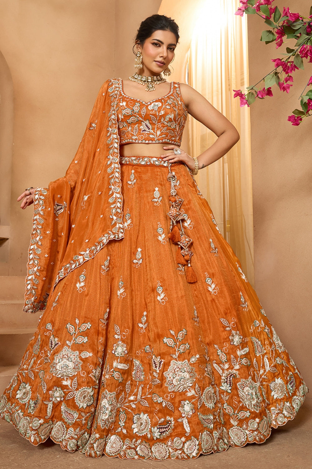 TISSUE LEHENGA CHOLI WITH MOTI AND SEQUINS