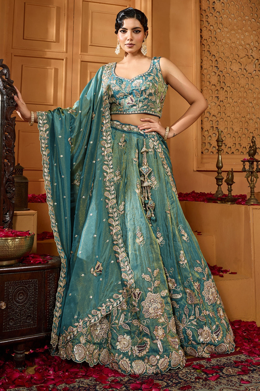 TISSUE LEHENGA CHOLI WITH MOTI AND SEQUINS