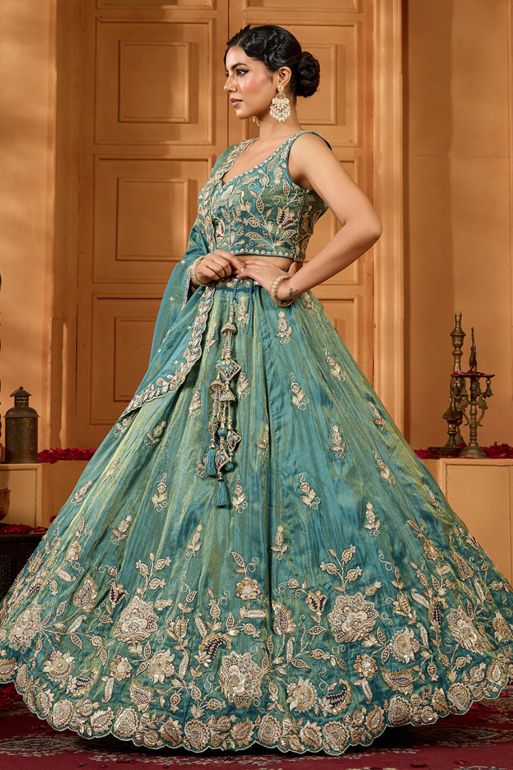TISSUE LEHENGA CHOLI WITH MOTI AND SEQUINS