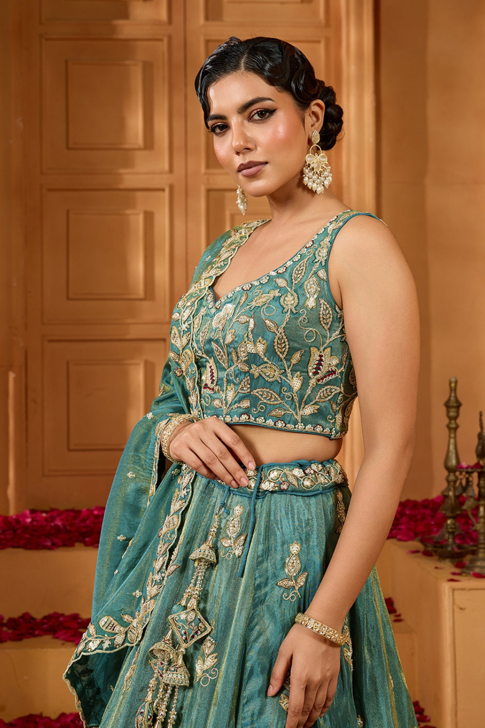 TISSUE LEHENGA CHOLI WITH MOTI AND SEQUINS