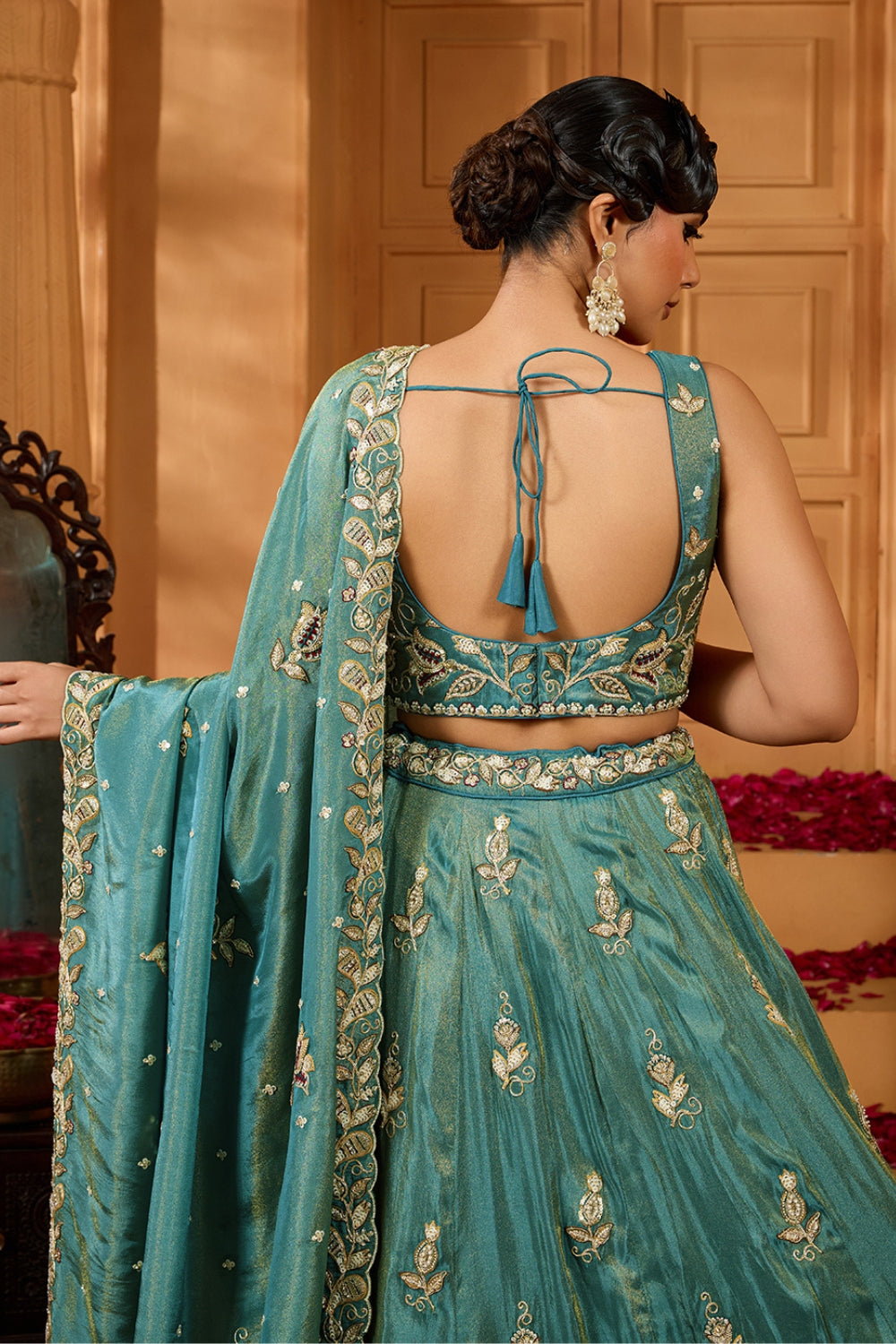 TISSUE LEHENGA CHOLI WITH MOTI AND SEQUINS