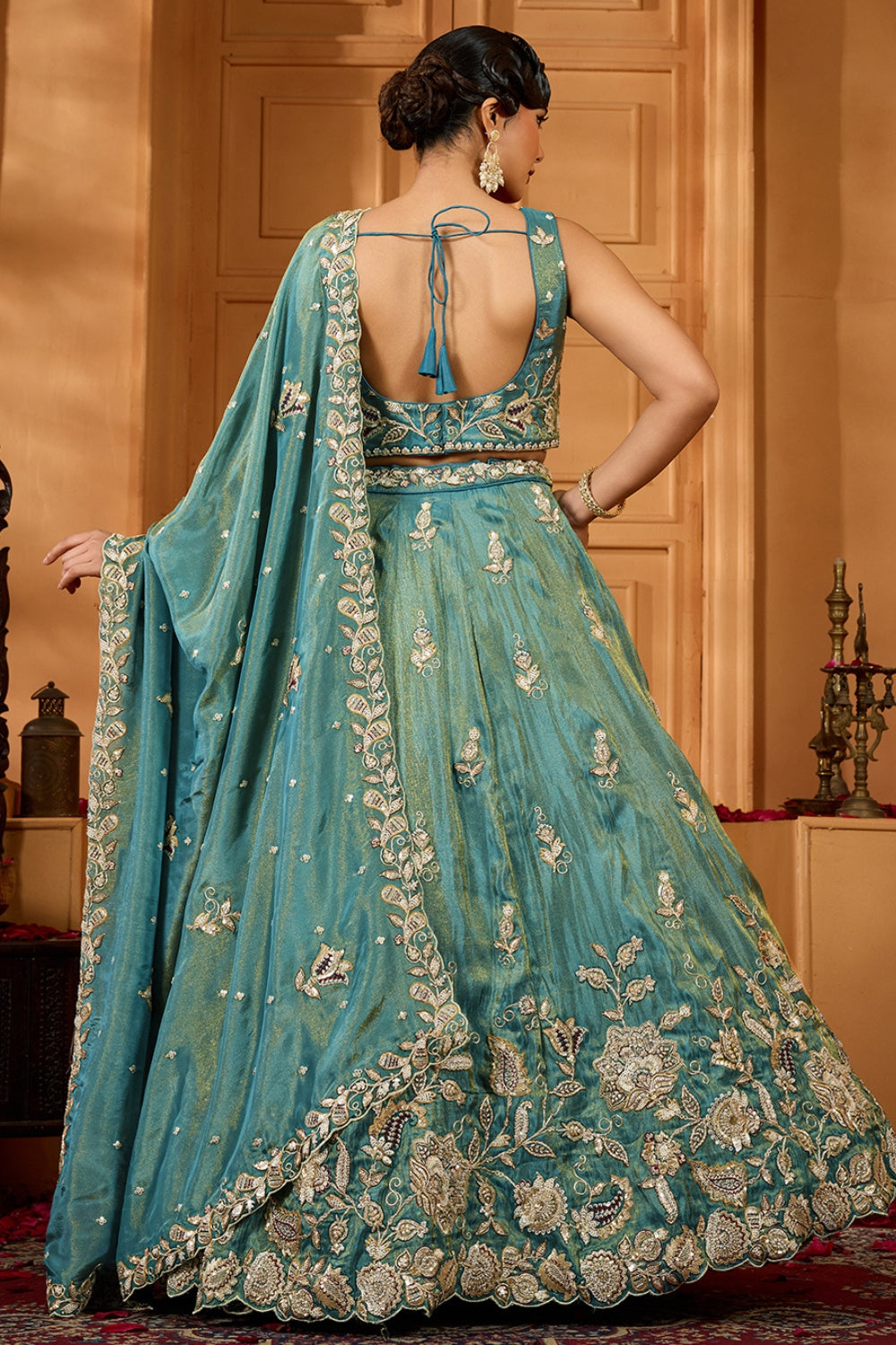 TISSUE LEHENGA CHOLI WITH MOTI AND SEQUINS