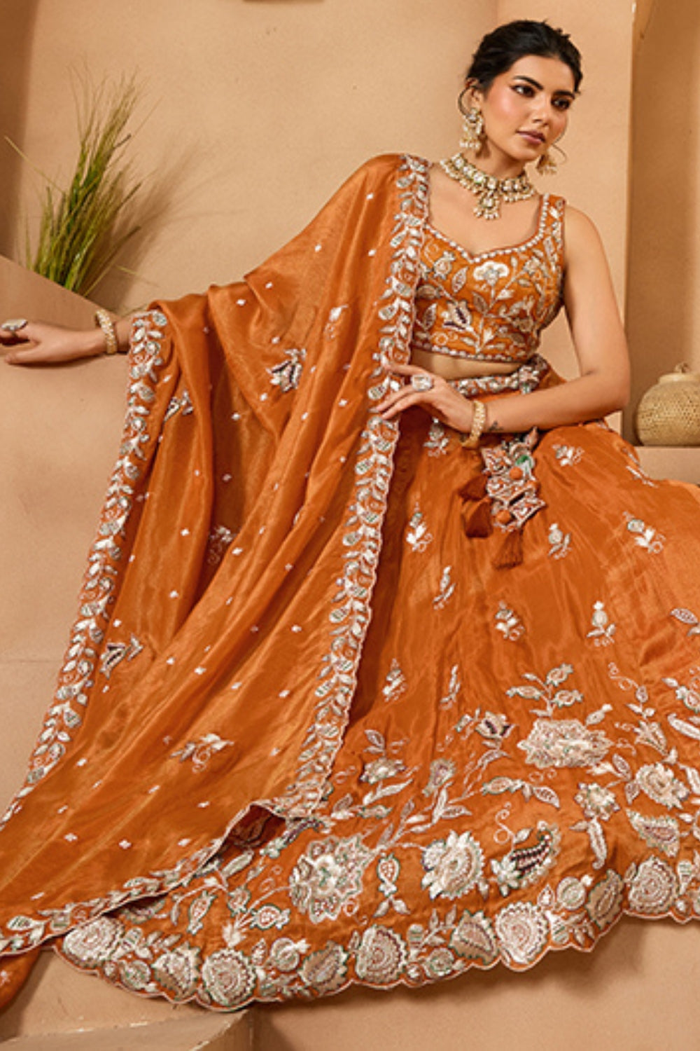 TISSUE LEHENGA CHOLI WITH MOTI AND SEQUINS