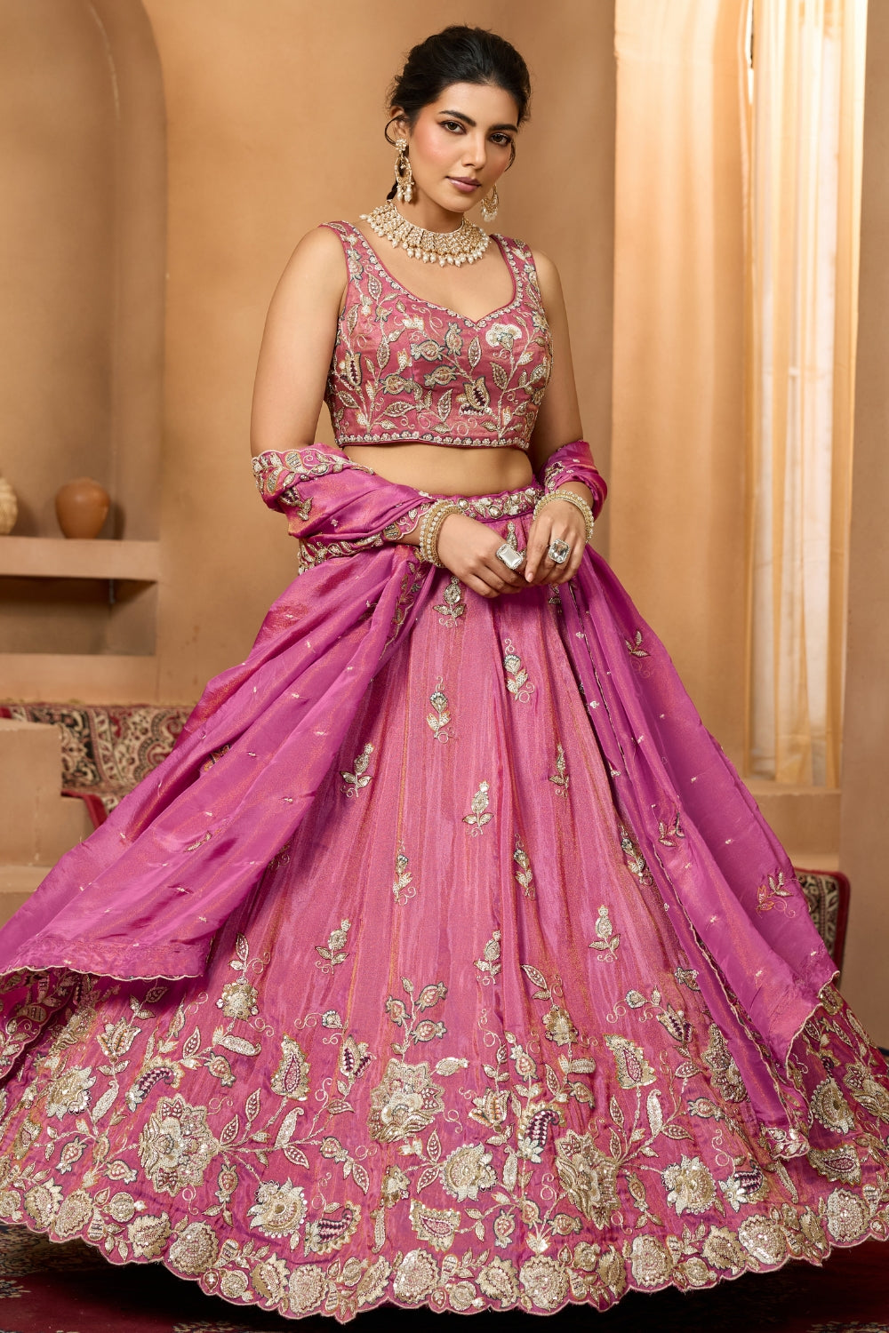 TISSUE LEHENGA CHOLI WITH MOTI AND SEQUINS