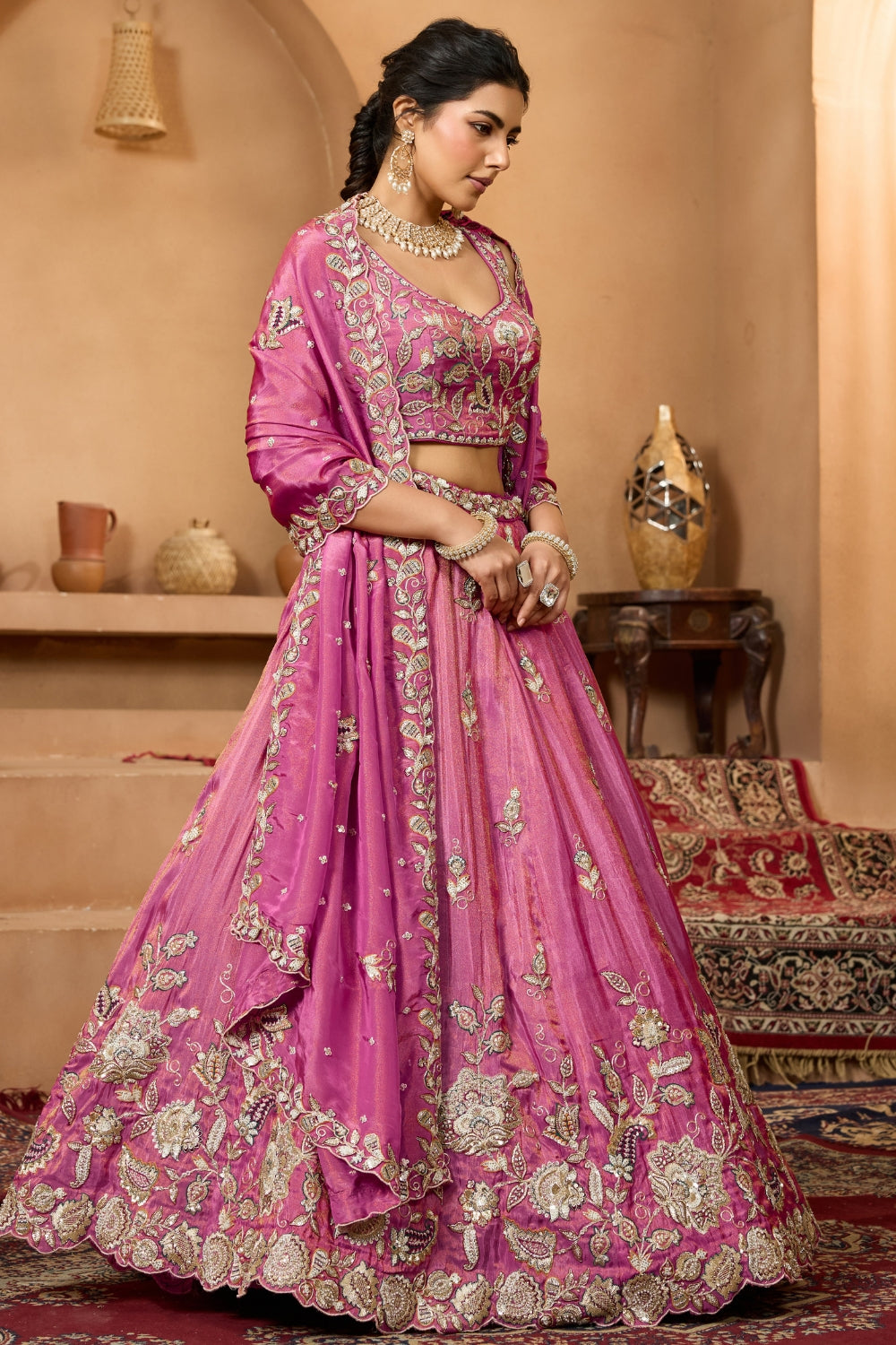 TISSUE LEHENGA CHOLI WITH MOTI AND SEQUINS