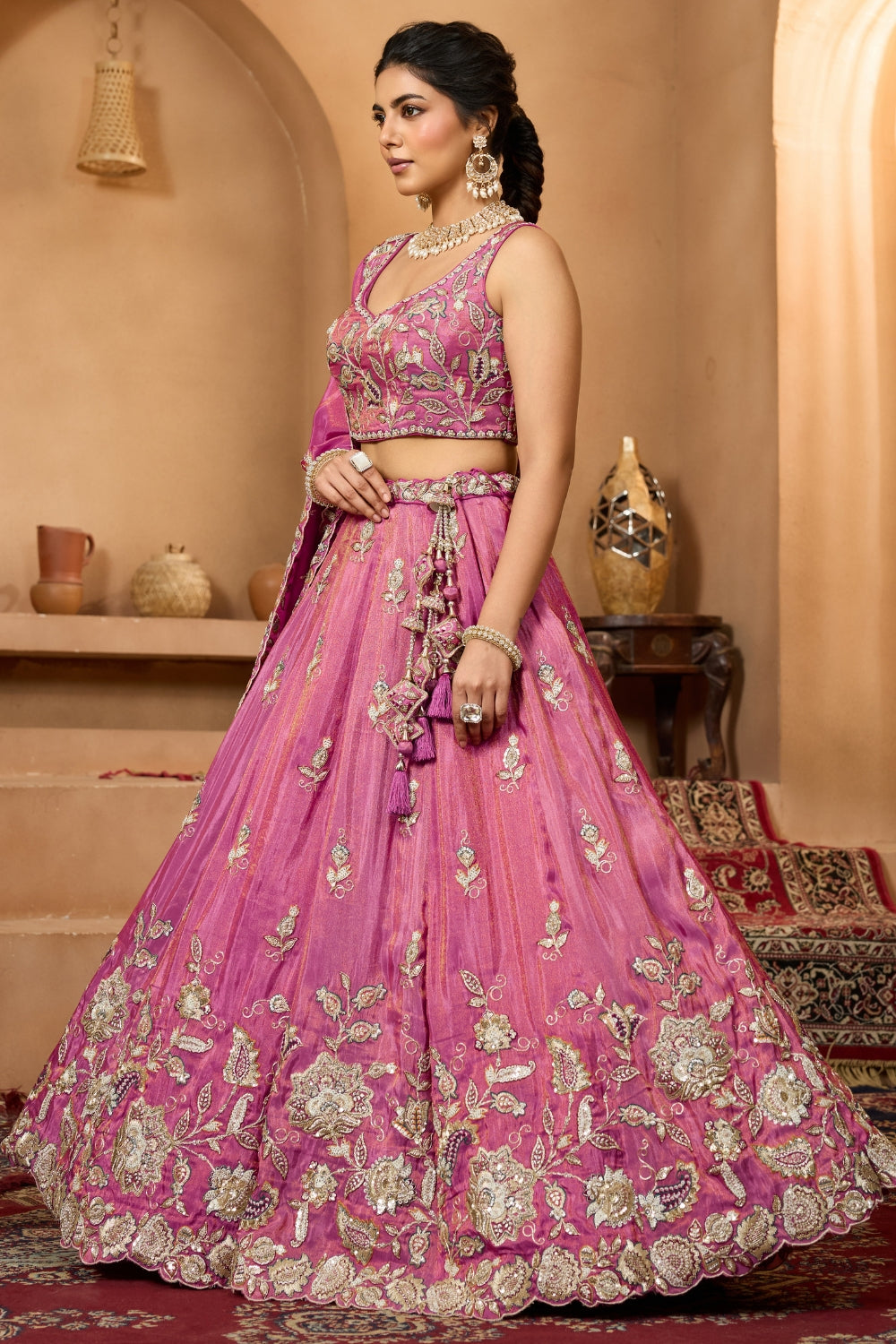TISSUE LEHENGA CHOLI WITH MOTI AND SEQUINS