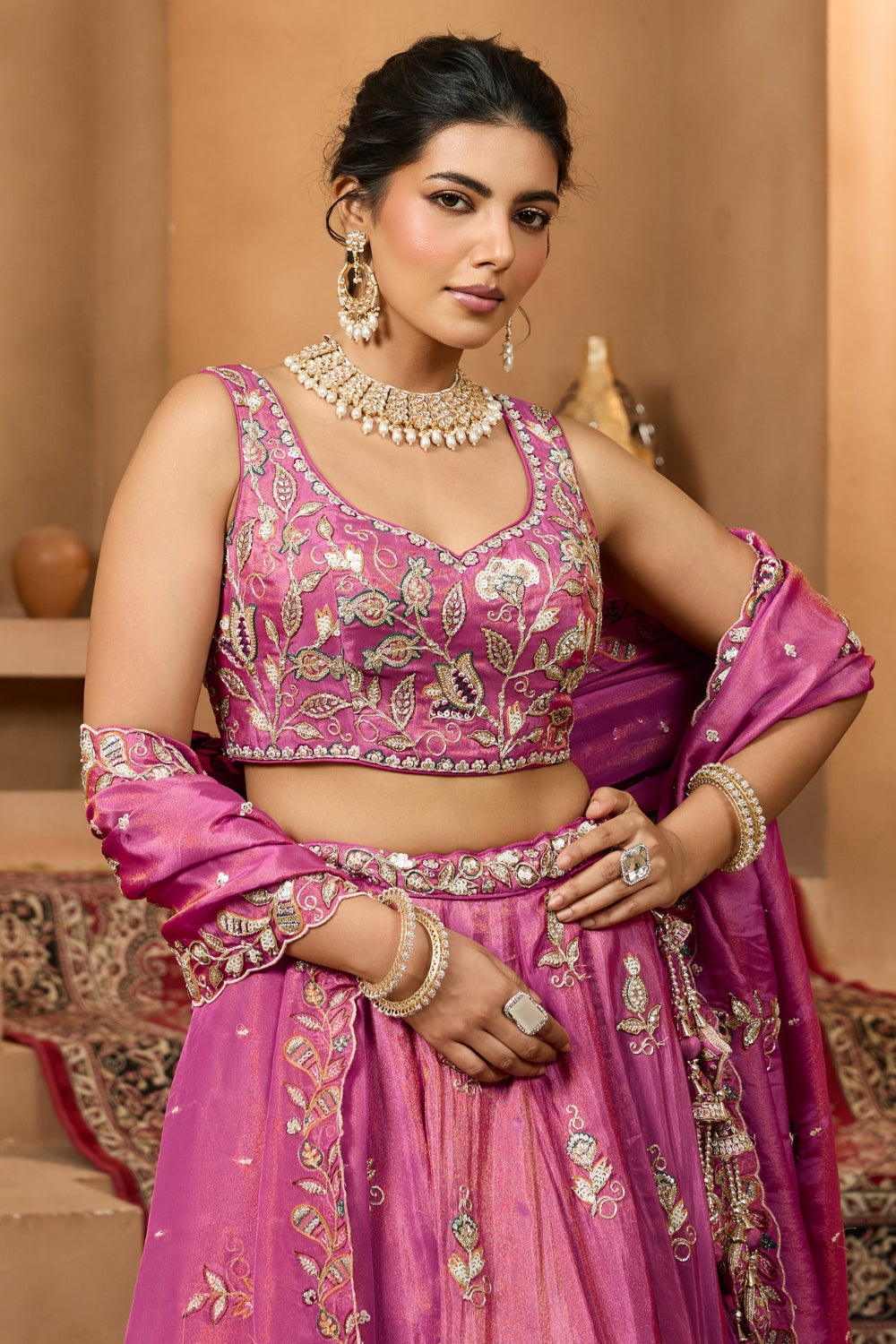 TISSUE LEHENGA CHOLI WITH MOTI AND SEQUINS