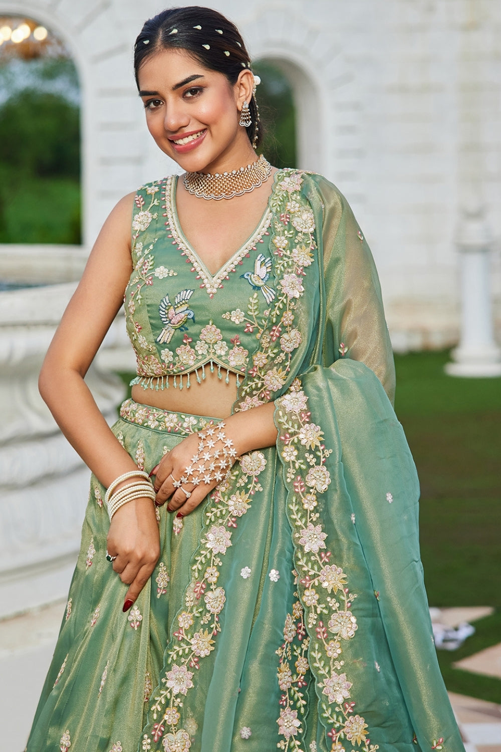 TISSUE LEHENGA CHOLI WITH RESHAM EMBROIDERY AND SEQUINS