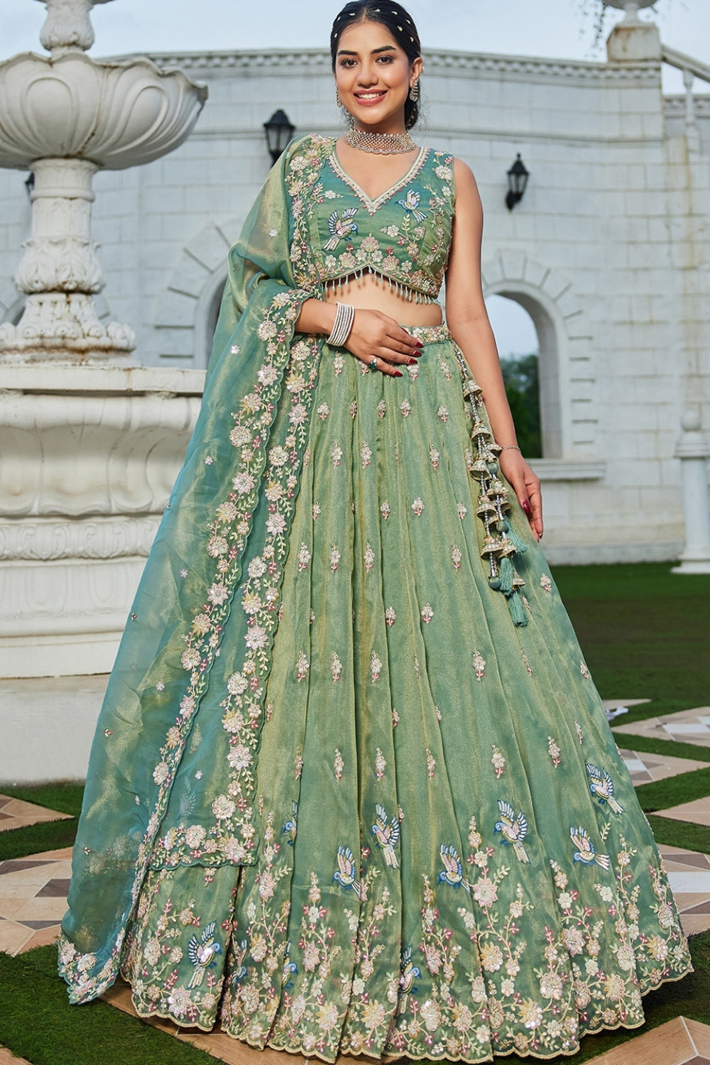 TISSUE LEHENGA CHOLI WITH RESHAM EMBROIDERY AND SEQUINS