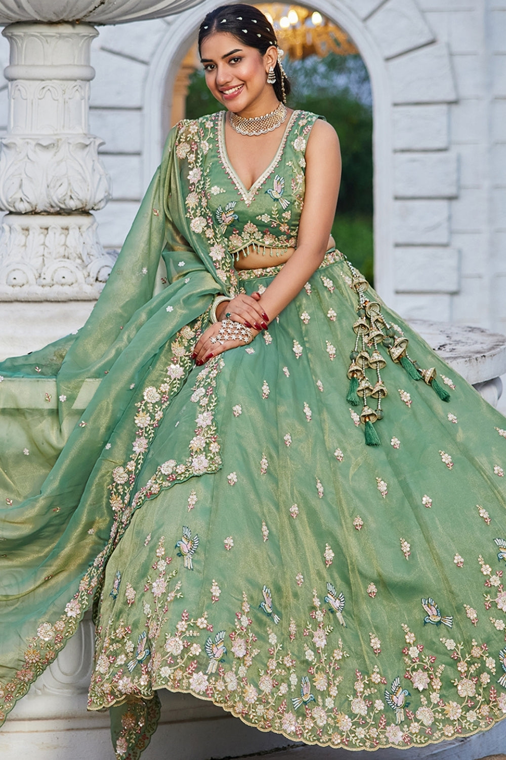 TISSUE LEHENGA CHOLI WITH RESHAM EMBROIDERY AND SEQUINS