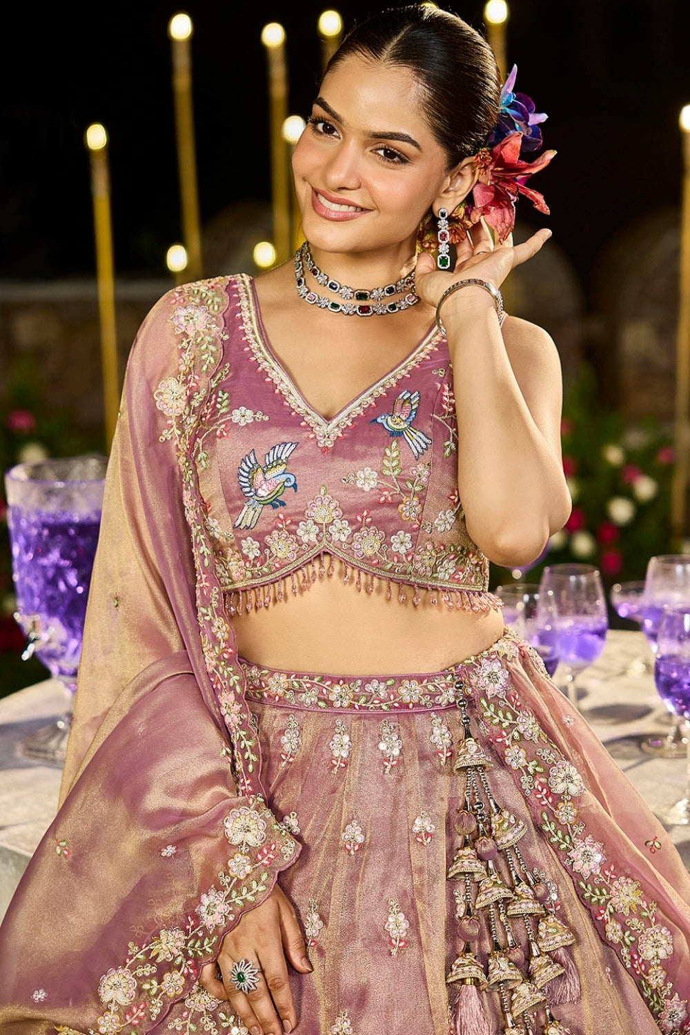 TISSUE LEHENGA CHOLI WITH RESHAM EMBROIDERY AND SEQUINS