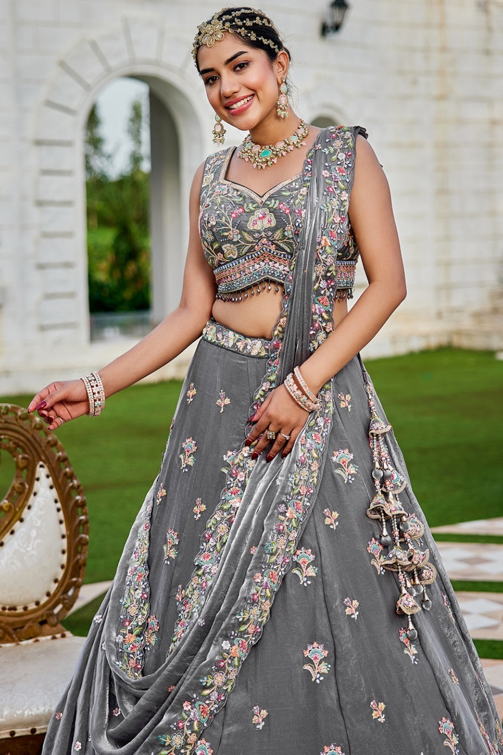 TISSUE LEHENGA CHOLI WITH STONE AND SEQUINS