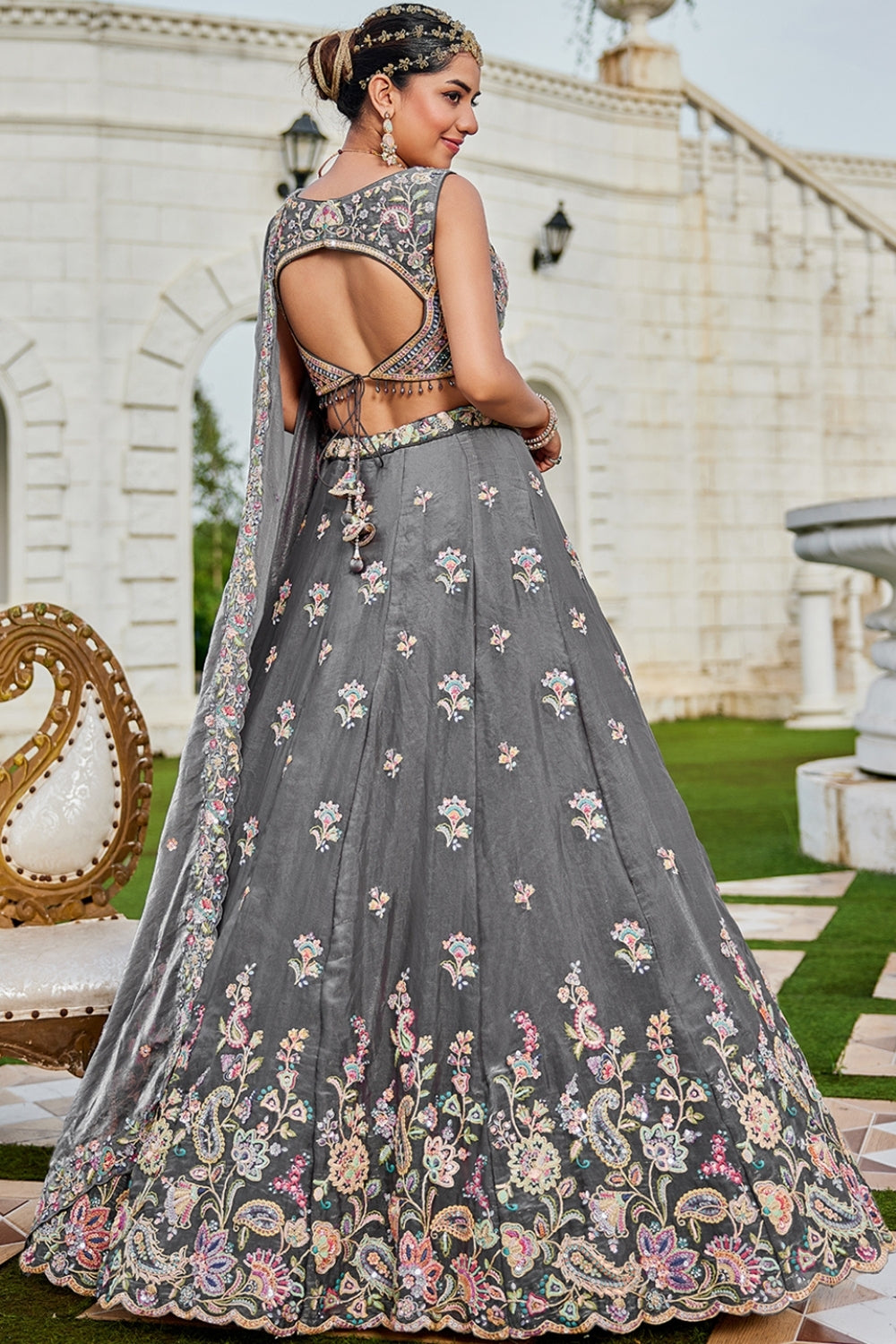 TISSUE LEHENGA CHOLI WITH STONE AND SEQUINS