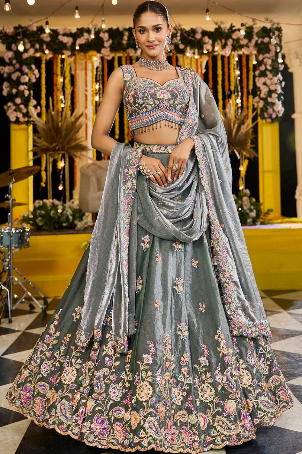 TISSUE LEHENGA CHOLI WITH STONE AND SEQUINS