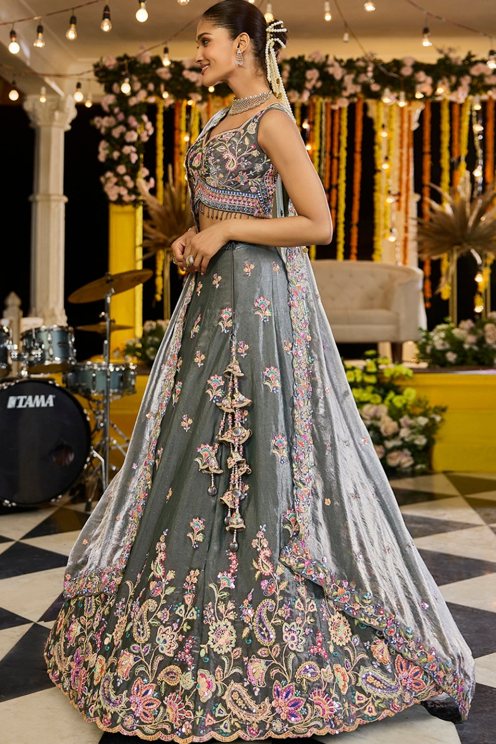 TISSUE LEHENGA CHOLI WITH STONE AND SEQUINS