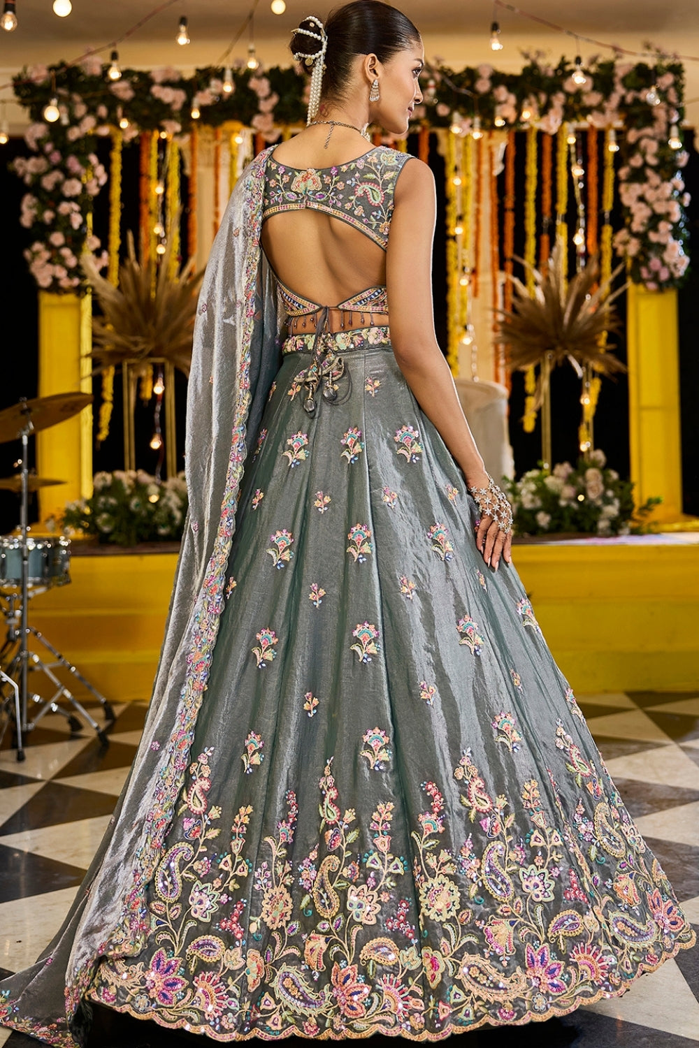 TISSUE LEHENGA CHOLI WITH STONE AND SEQUINS