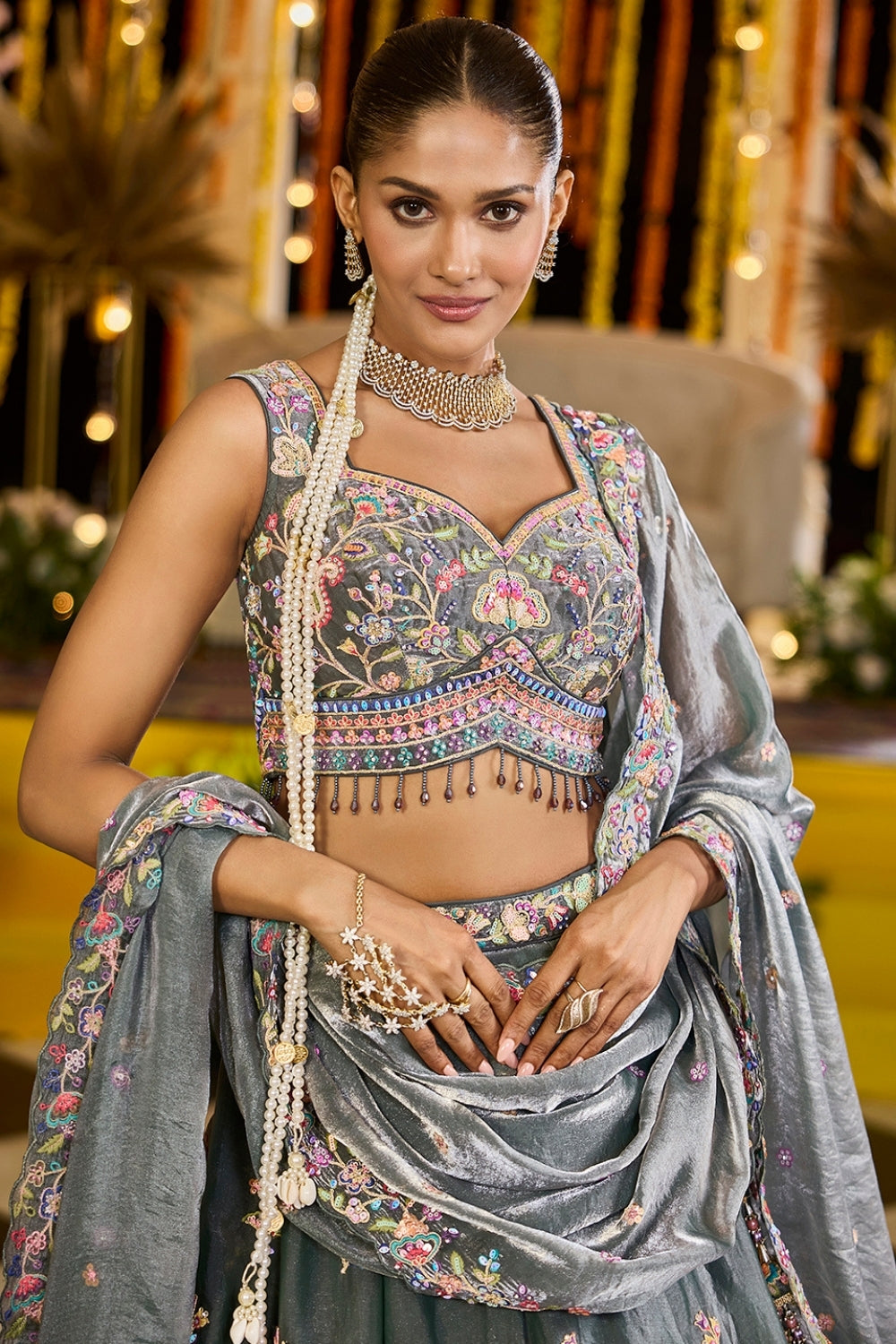 TISSUE LEHENGA CHOLI WITH STONE AND SEQUINS