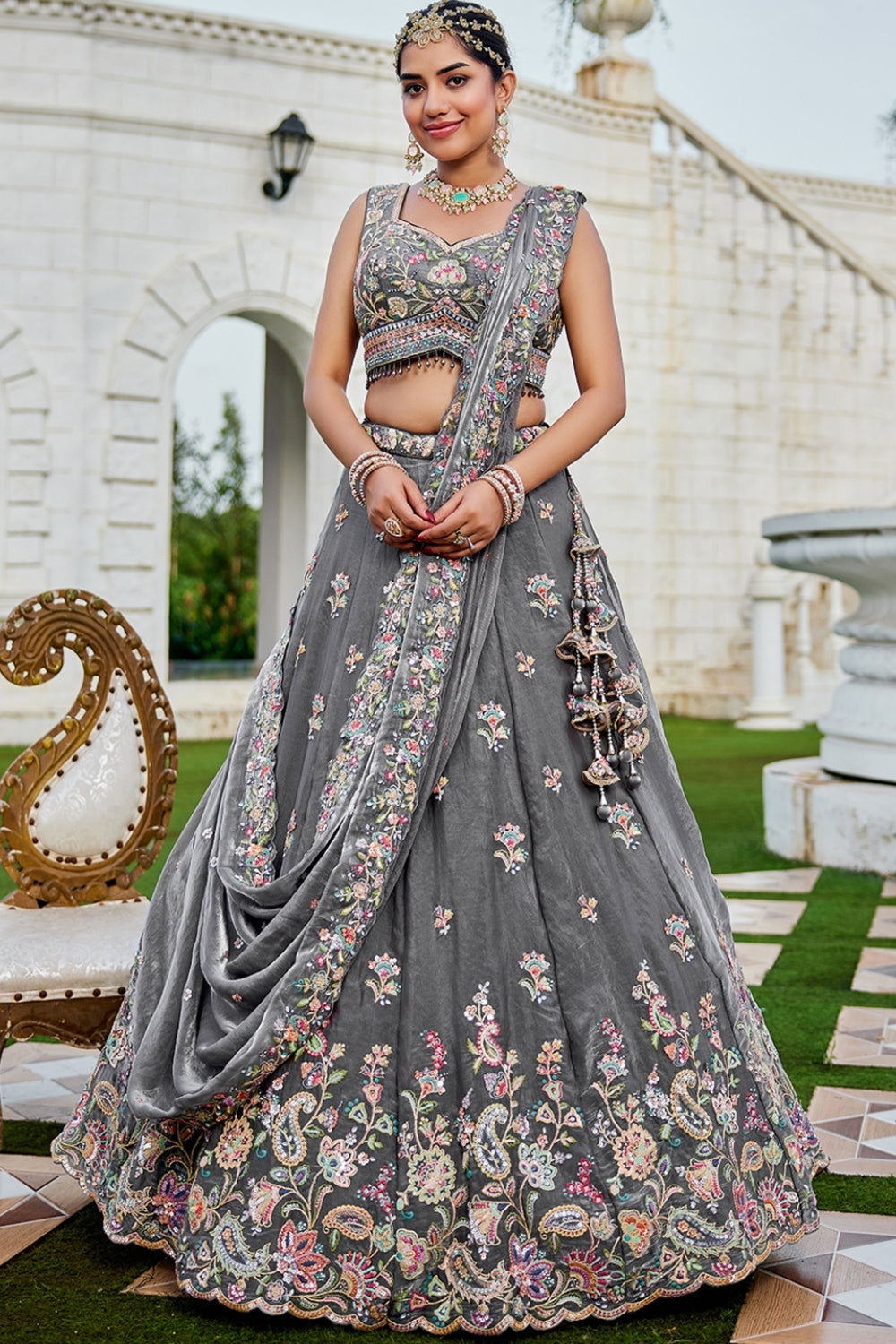 TISSUE LEHENGA CHOLI WITH STONE AND SEQUINS