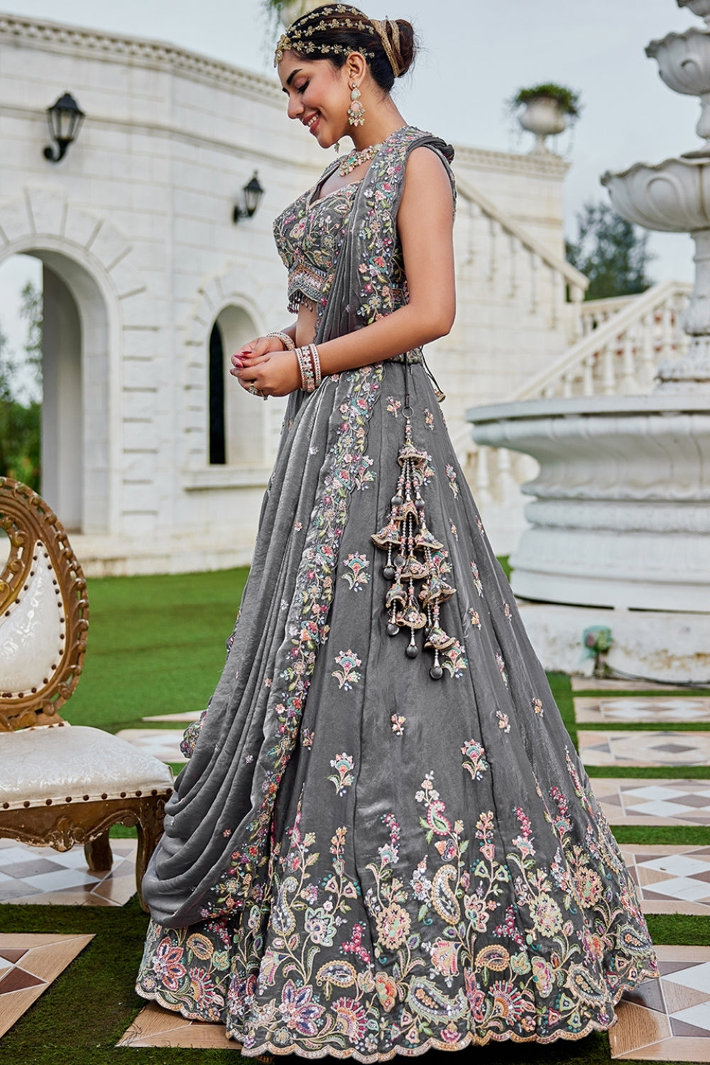 TISSUE LEHENGA CHOLI WITH STONE AND SEQUINS