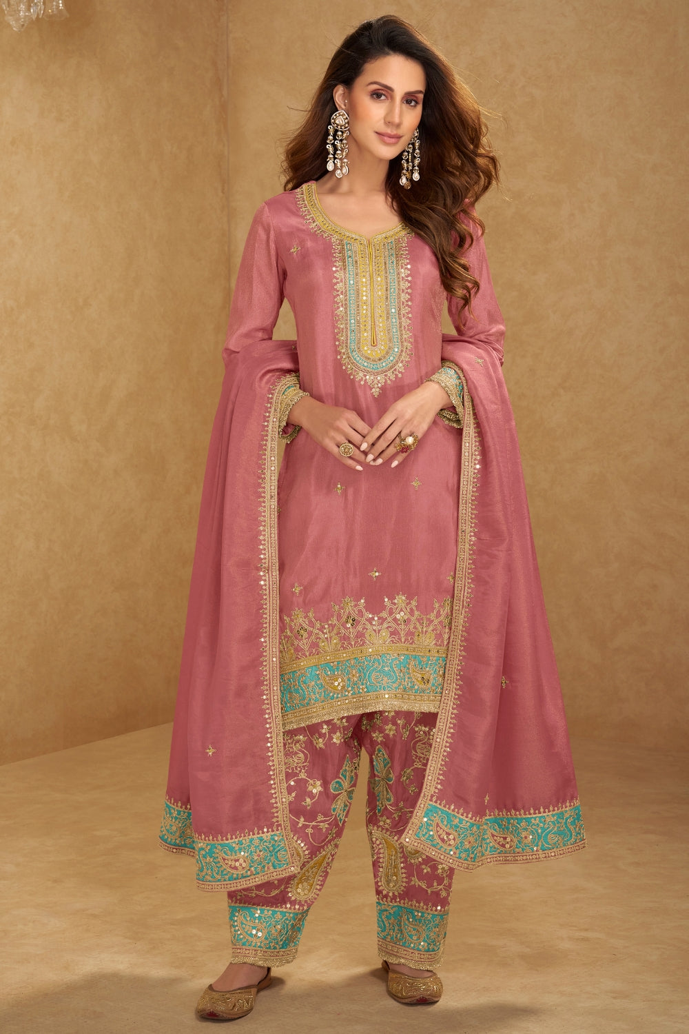 TISSUE SILK SALWAR SUIT WITH RESHAM EMBROIDERY AND SEQUINS