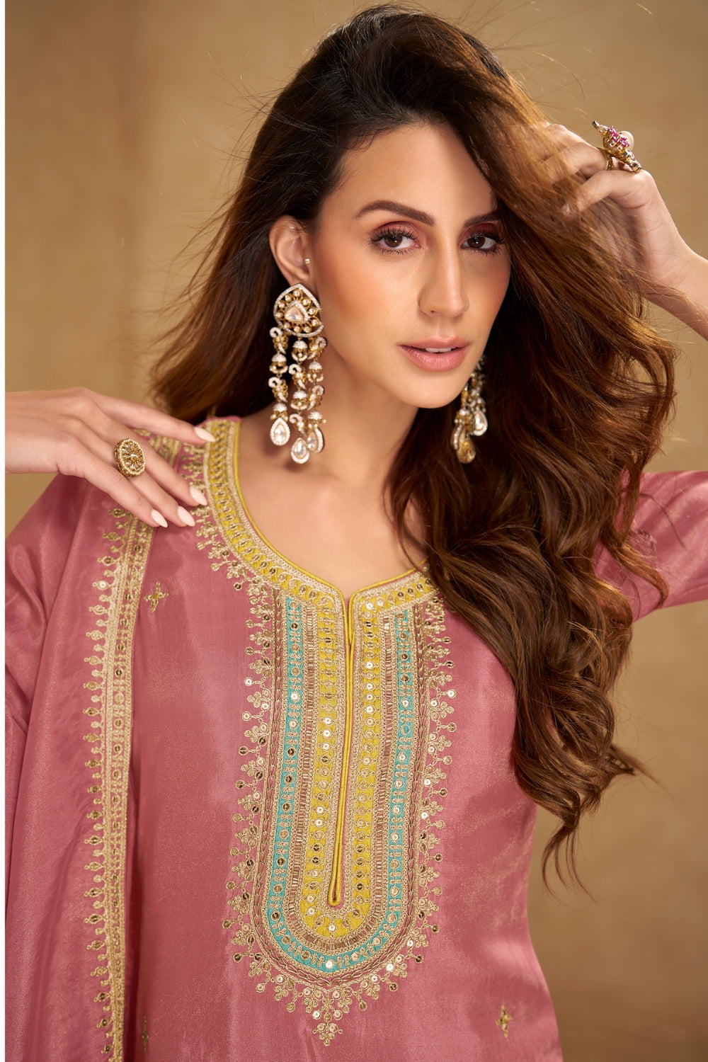 TISSUE SILK SALWAR SUIT WITH RESHAM EMBROIDERY AND SEQUINS