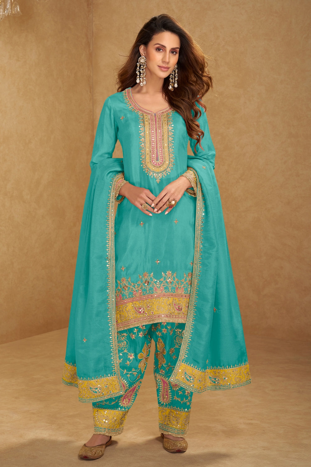TISSUE SILK SALWAR SUIT WITH RESHAM EMBROIDERY AND SEQUINS