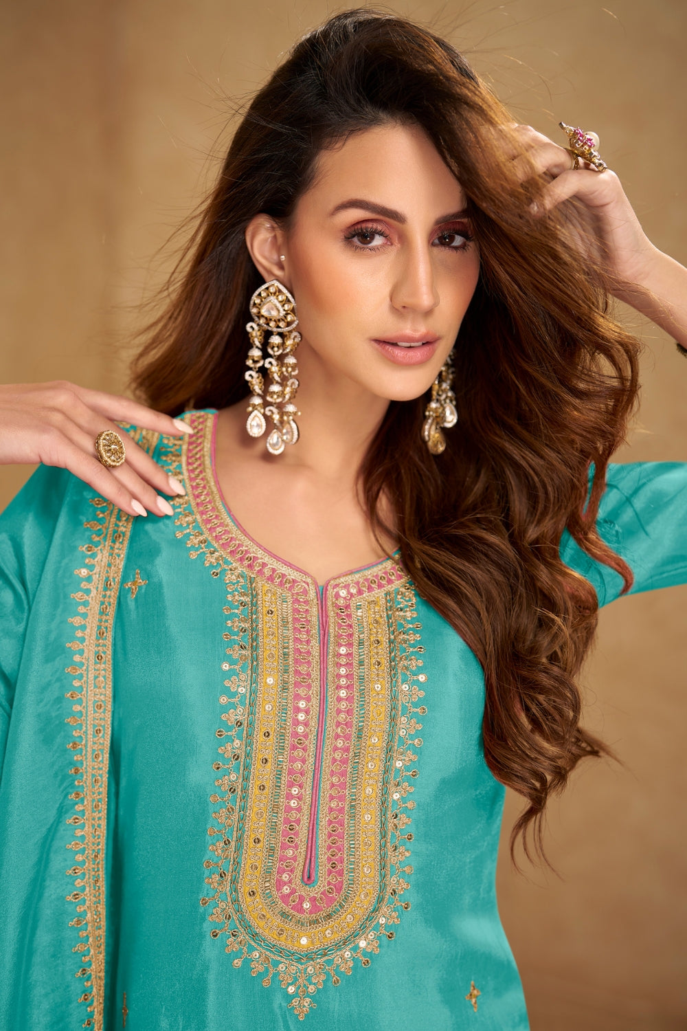 TISSUE SILK SALWAR SUIT WITH RESHAM EMBROIDERY AND SEQUINS