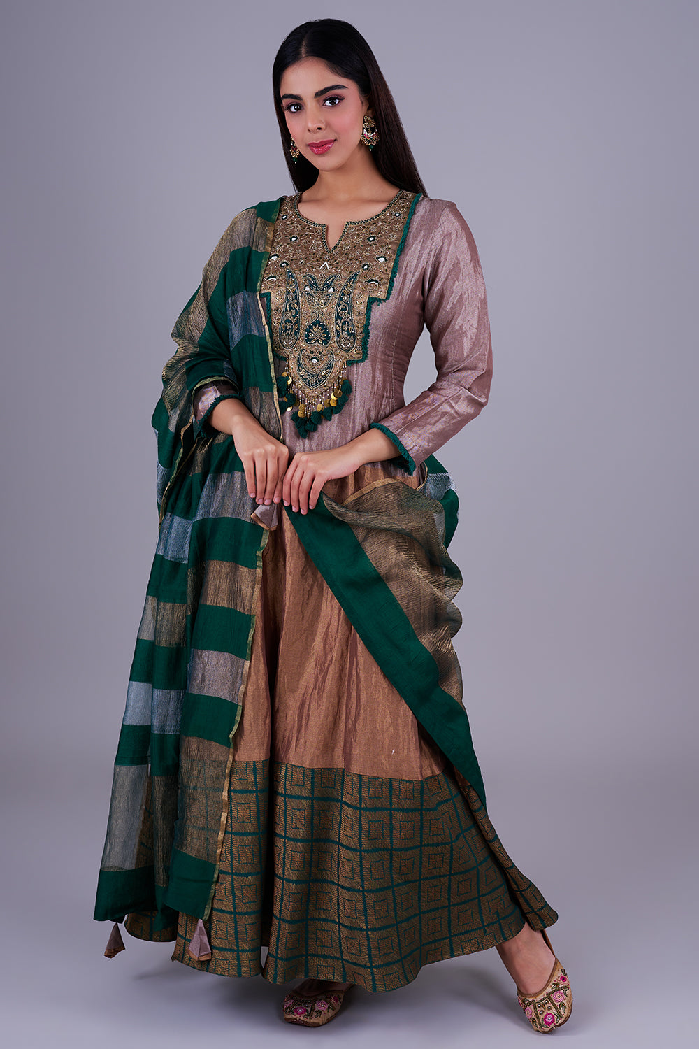 Taupe-emerald embroidered Anarkali set