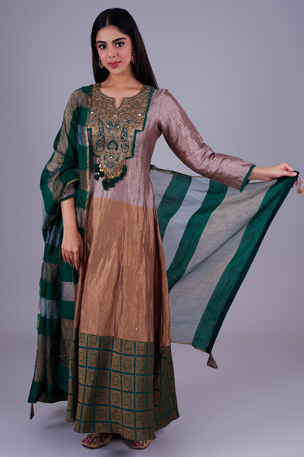 Taupe-emerald embroidered Anarkali set