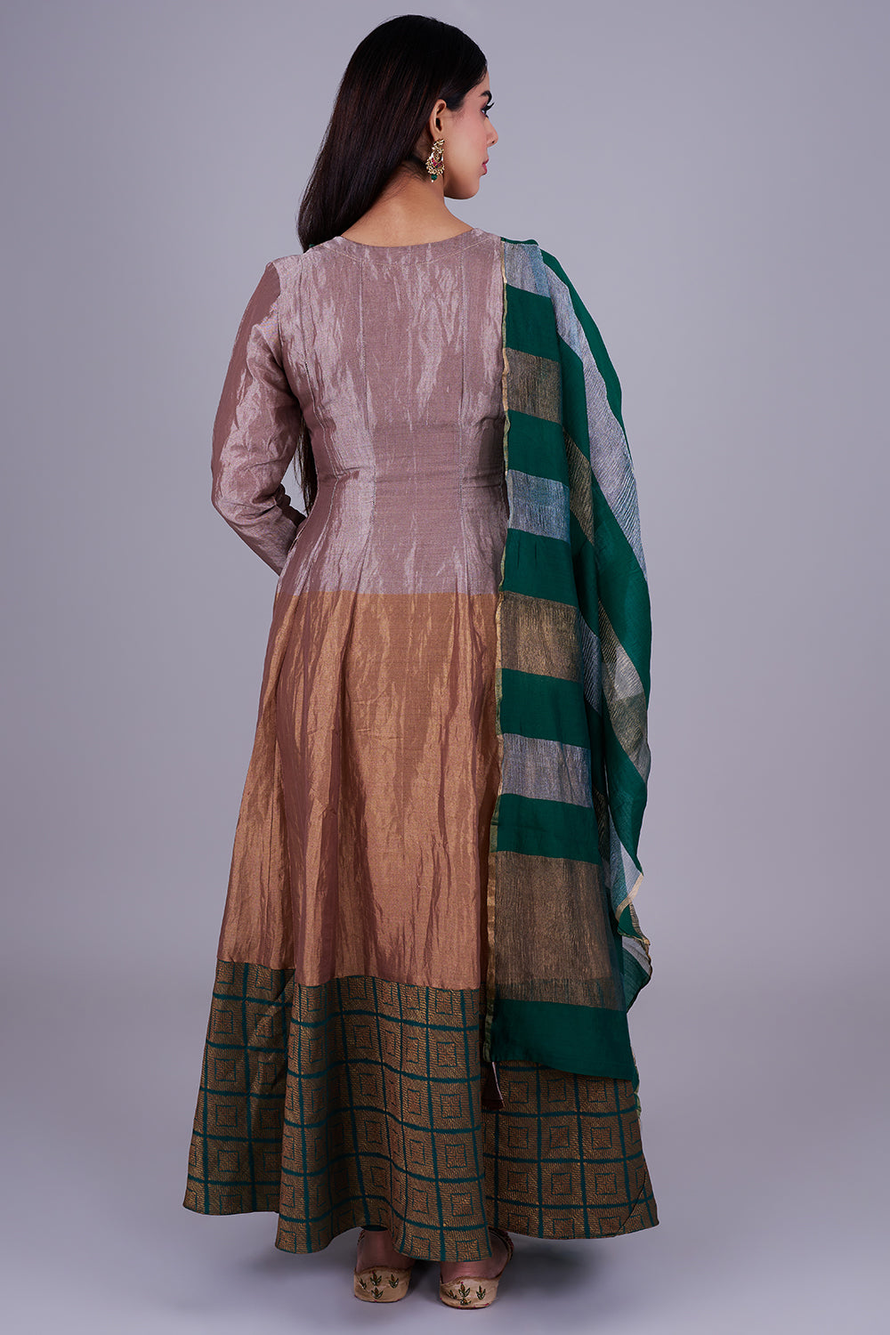 Taupe-emerald embroidered Anarkali set