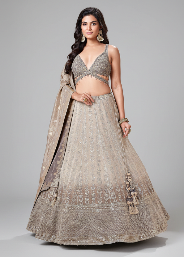 Taupe Chinon Lehenga Set with Sequins and Embroidery Work