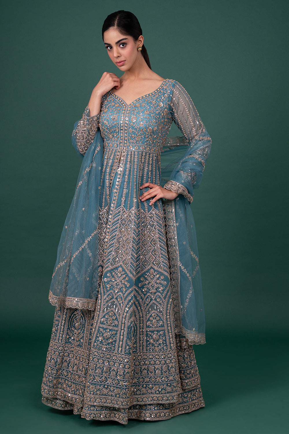 Teal Blue Floor-Length Embroidered Open Jacket with Lehenga