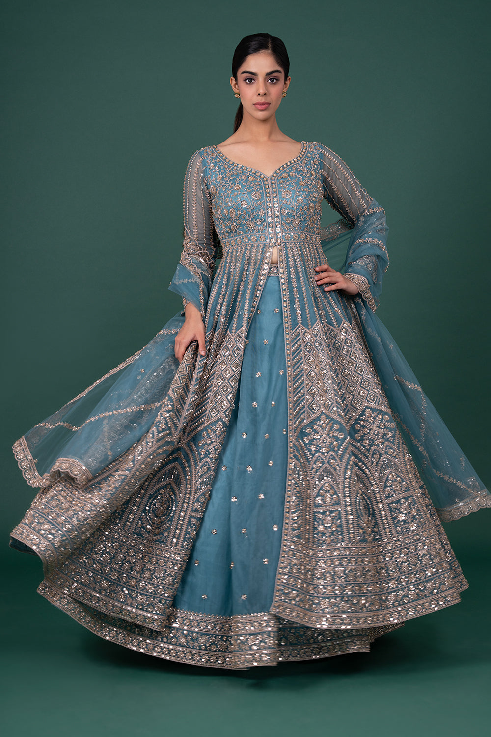 Teal Blue Floor-Length Embroidered Open Jacket with Lehenga