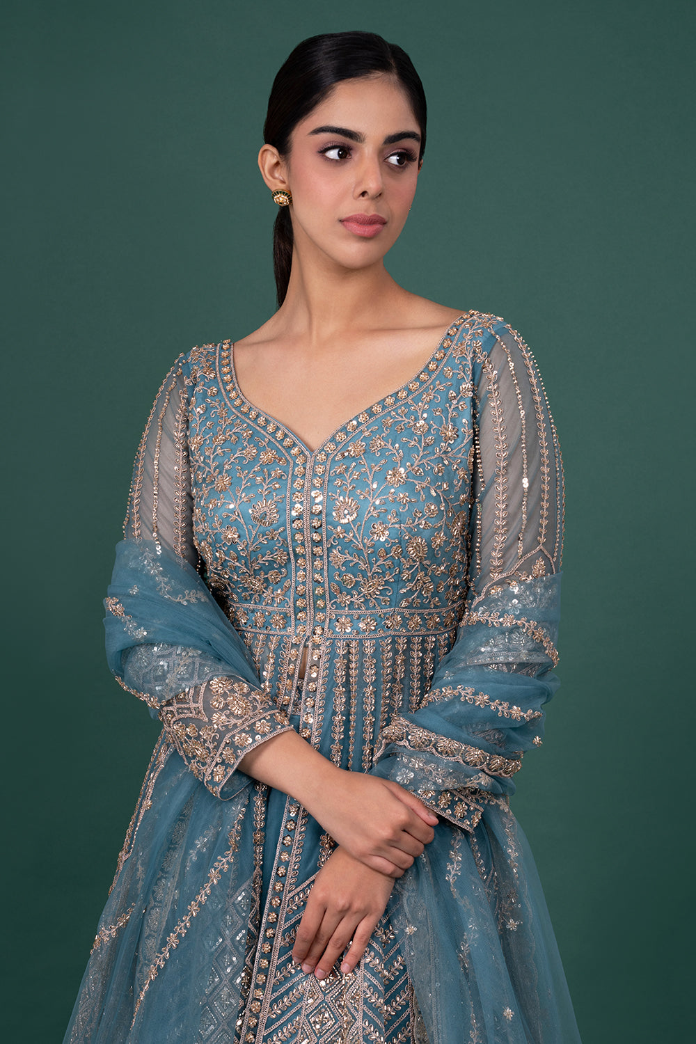 Teal Blue Floor-Length Embroidered Open Jacket with Lehenga